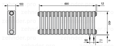 Схема (чертеж) Радиатор Zehnder Charleston 3040/15 №5510 Белый глянцевый RAL 9016